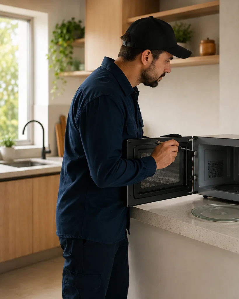 Técnico abrindo a porta de um micro-ondas sobre a bancada de uma cozinha